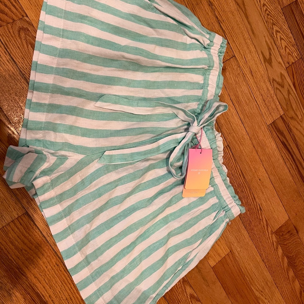 Stoney Clover Lane - High-Rise Linen Shorts - Mint Green & White - Size Large
